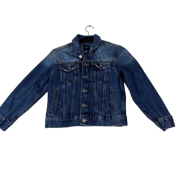 Gap Jacket Kids Medium Blue Denim Jean Front Pocket Button Up - Picture 2 of 10